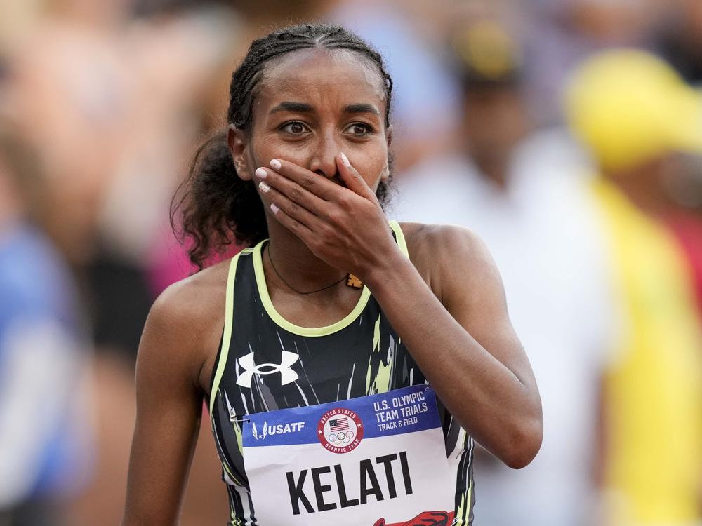 Weini Kelati celebrates after winning the women's 10,000-meter final during the U.S. Track and Field Olympic Team Trials Saturday in Eugene, Ore.