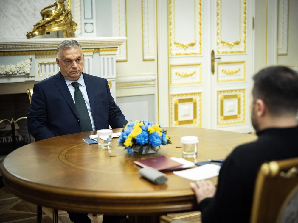 In this photo issued by the Hungarian prime minister's press office, Ukrainian President Volodymyr Zelenskyy, right, and Hungarian Prime Minister Viktor Orbán hold a meeting in Kyiv on Tuesday.