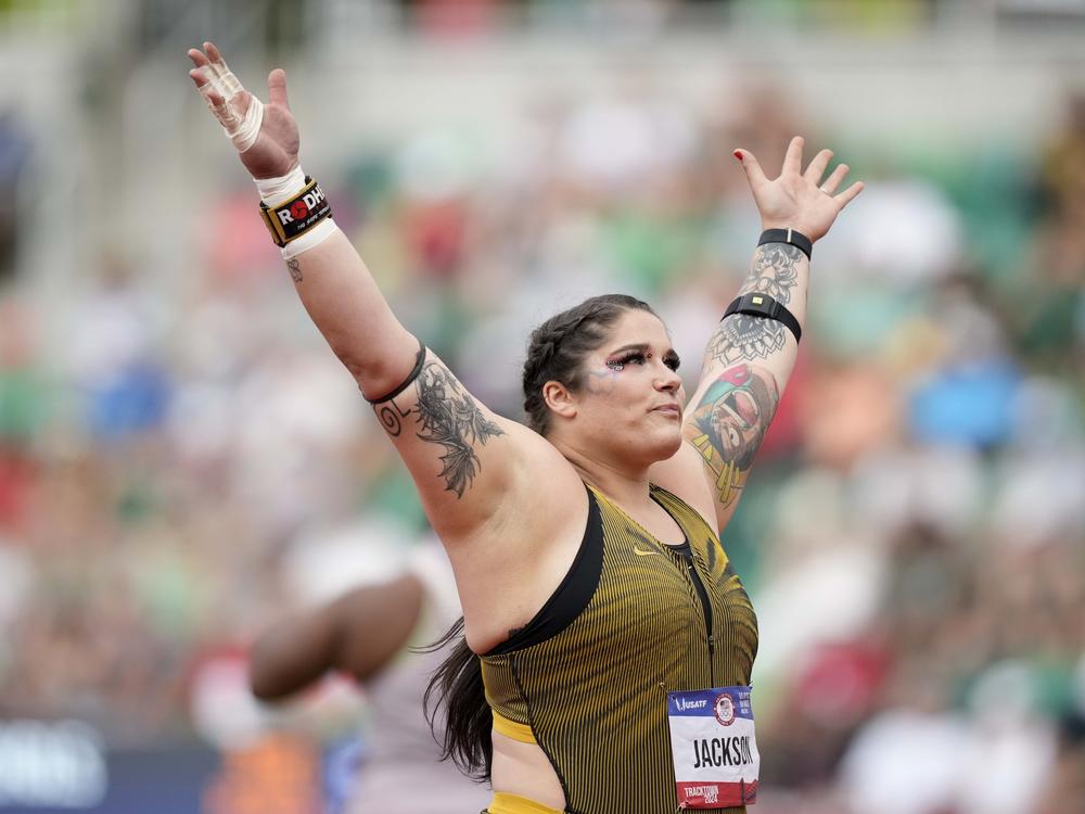 Chase Jackson competes in the women's shot put final during the U.S. Track and Field Olympic Team Trials on Saturday in Eugene, Ore.