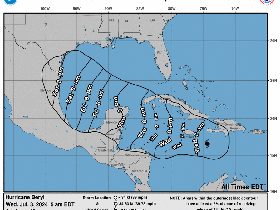 A graphic from the National Hurricane Center shows the expected arrival time of strong winds from Hurricane Beryl, approaching the eastern parts of Mexico and Texas by the weekend.