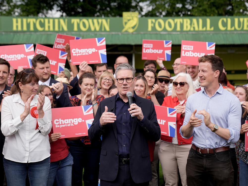 Labour leader Keir Starmer gives a speech during a visit to Hitchin, in Hertfordshire, England, while on the election campaign trail on Monday.