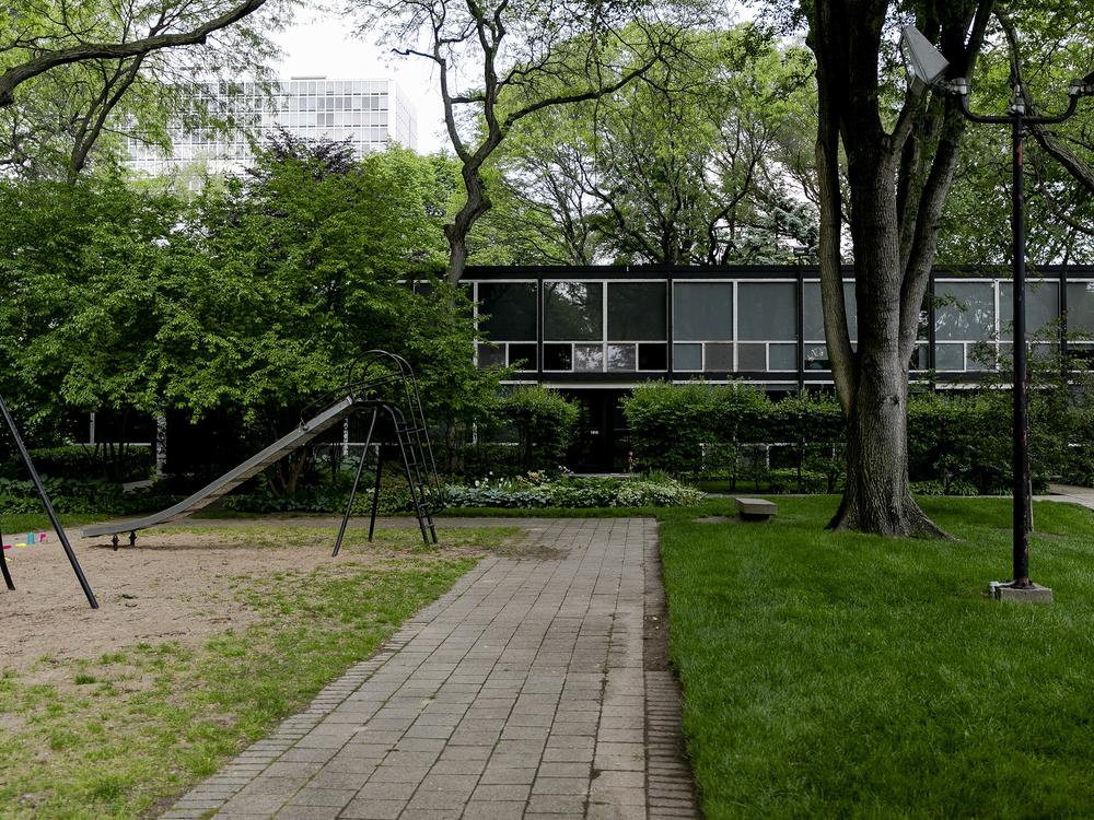 A view of modernist townhouses in the Lafayette Park neighborhood on May 17. Lafayette Park, designed by architect Ludwig Mies van der Rohe, replaced the Black Bottom neighborhood that was demolished in the 1950s and 1960s.
