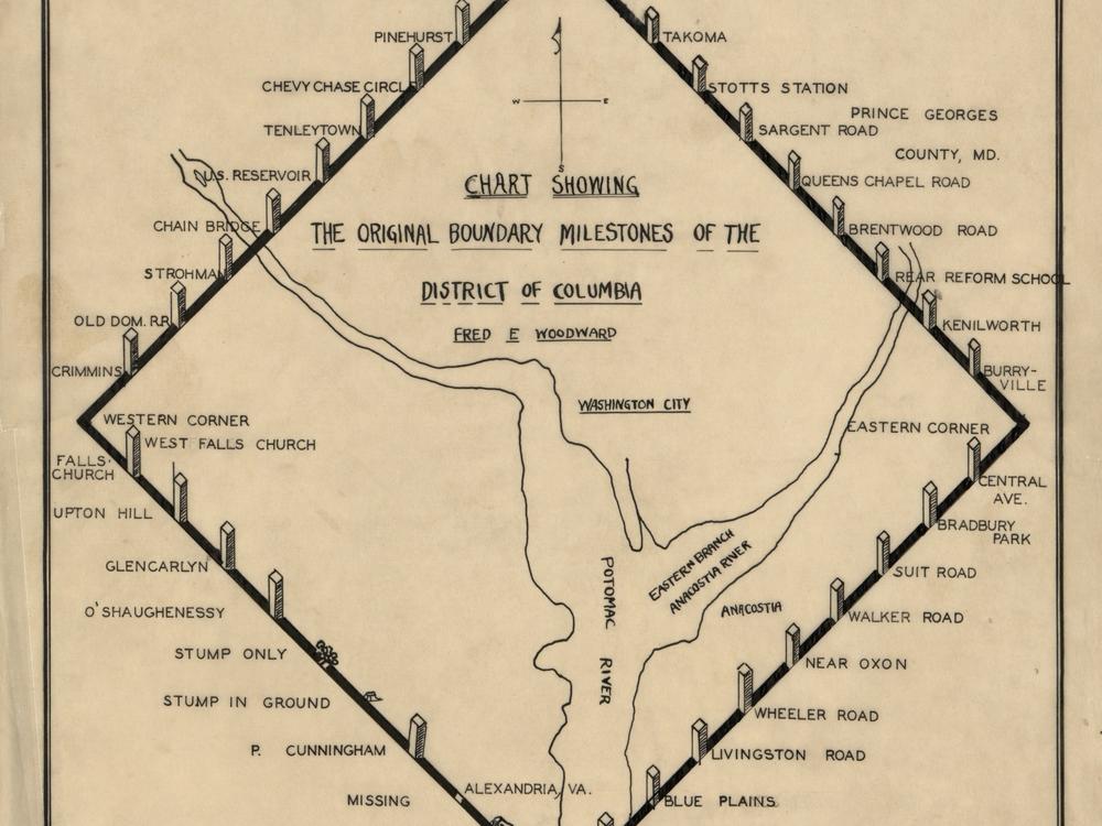  A chart showing the location of D.C.'s boundary stones by Fred Woodard, who surveyed and photographed them beginning in 1905.