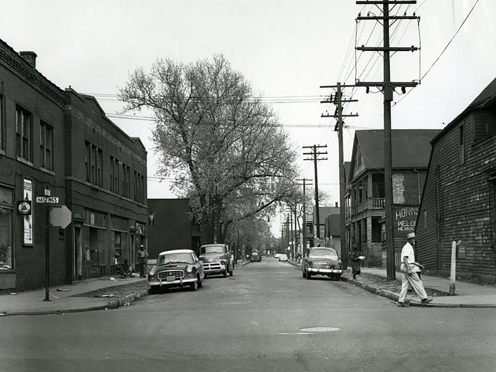 The view along Brady Street, looking east from Hastings Street, in a photograph dated April 25, 1960. Lawson was born on Brady Street, but little of it remains.