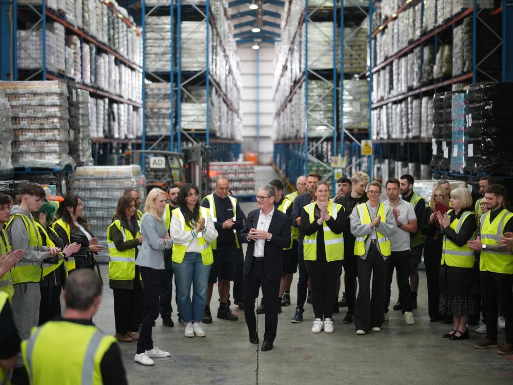 Labour Party leader Keir Starmer and candidate for North East Derbyshire, Louise Jones, hold a Q&A with the workers of the Global Brands distribution company on Tuesday in Chesterfield, United Kingdom.