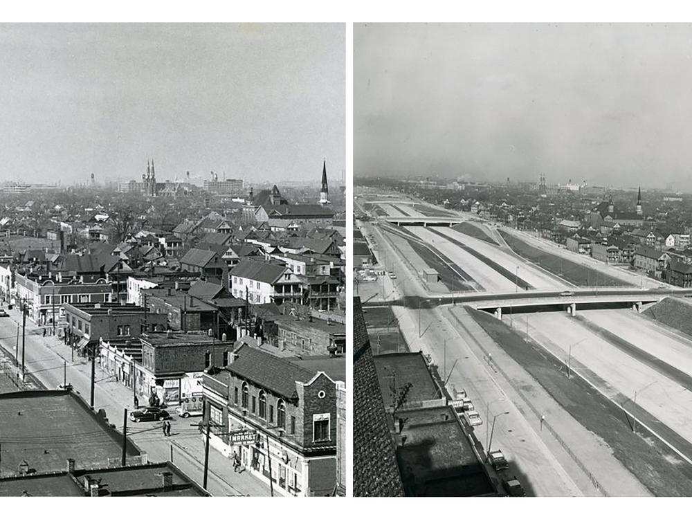 Left: Black and white aerial view along Hastings Street, looking north from the Brewster-Douglass housing projects (which were themselves demolished in 2014). In view are Blue Bell Market and several other businesses, and in the background is Sacred Heart Catholic Church. Dated March 19, 1959. Right: Aerial view along the Chrysler Freeway, of which I-375 forms a part, looking north from the Brewster-Douglass housing projects. In the background is Sacred Heart Catholic Church. Dated Nov. 29, 1961.