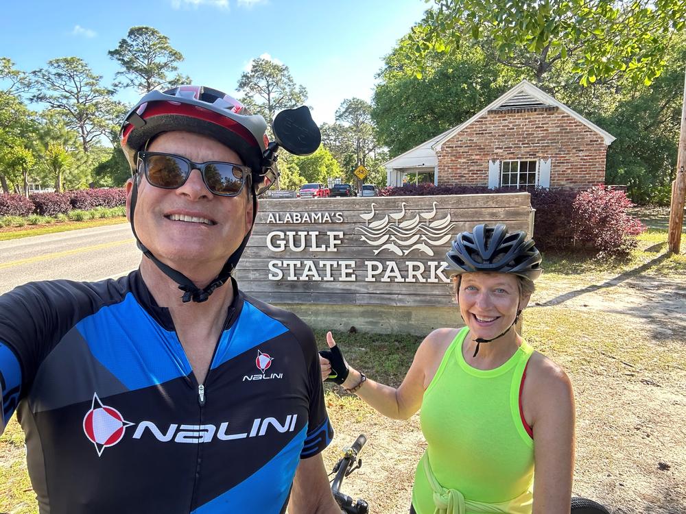 On his long bike ride from St. Augustine, Fla., to New Orleans, John Burnett was often joined by his wife Margaret Justus, who pedaled part of the route and drove a support vehicle the rest of the way.