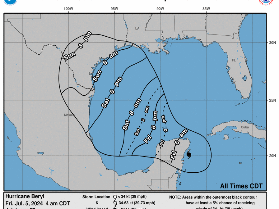 A National Hurricane Center graphic shows the estimated arrival time of tropical-force winds in Mexico and Texas over the weekend.