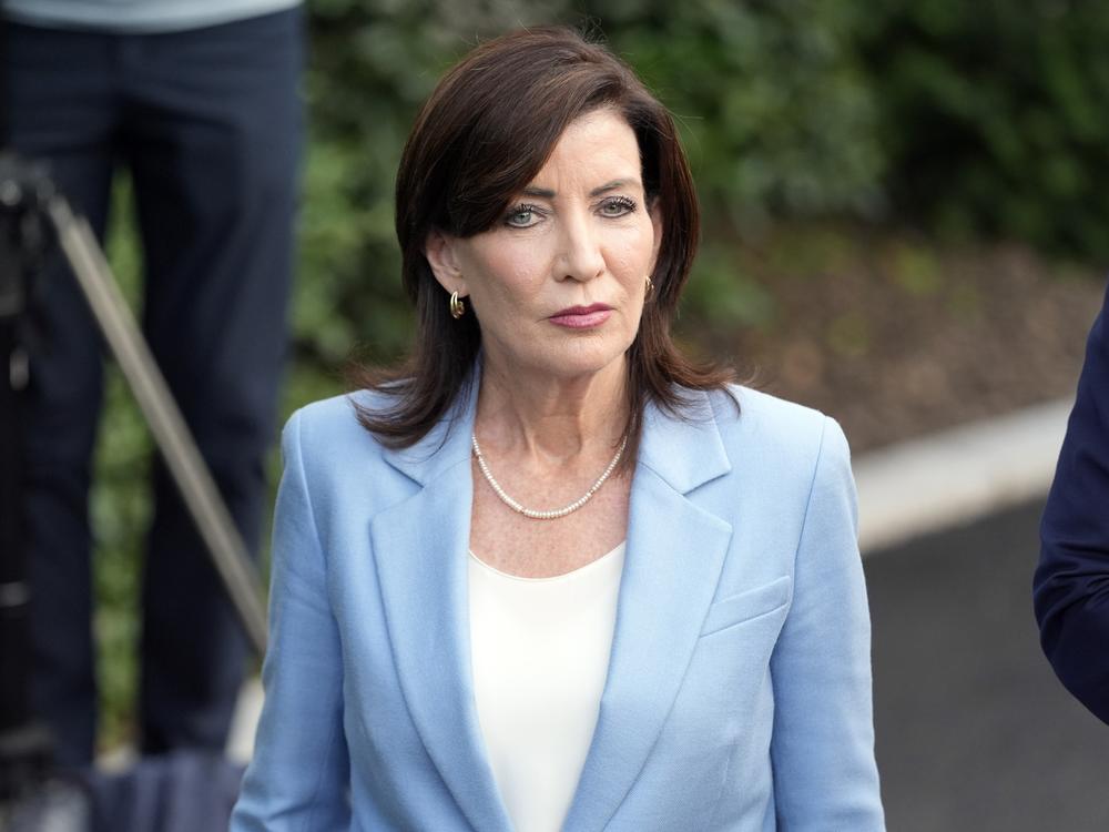 New York Gov. Kathy Hochul listens as governors speak to reporters after meeting with President Joe Biden, Wednesday, July 3, 2024, at the White House in Washington. (AP Photo/Jacquelyn Martin)