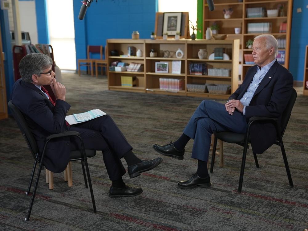 In this handout photo provided by ABC, President Biden speaks with George Stephanopoulos on July 5 in Madison, Wis.