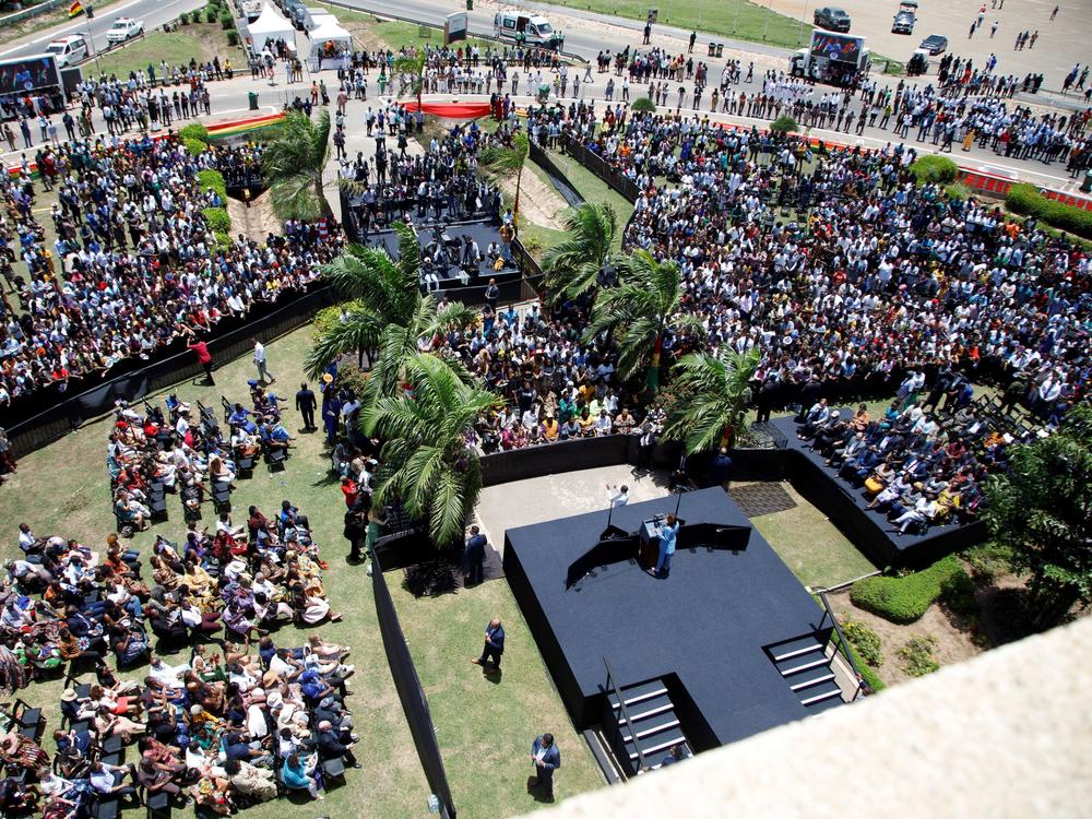 Vice President Harris gives an address to youth gathered on Black Star Square in Accra, Ghana, on March 28, 2023.