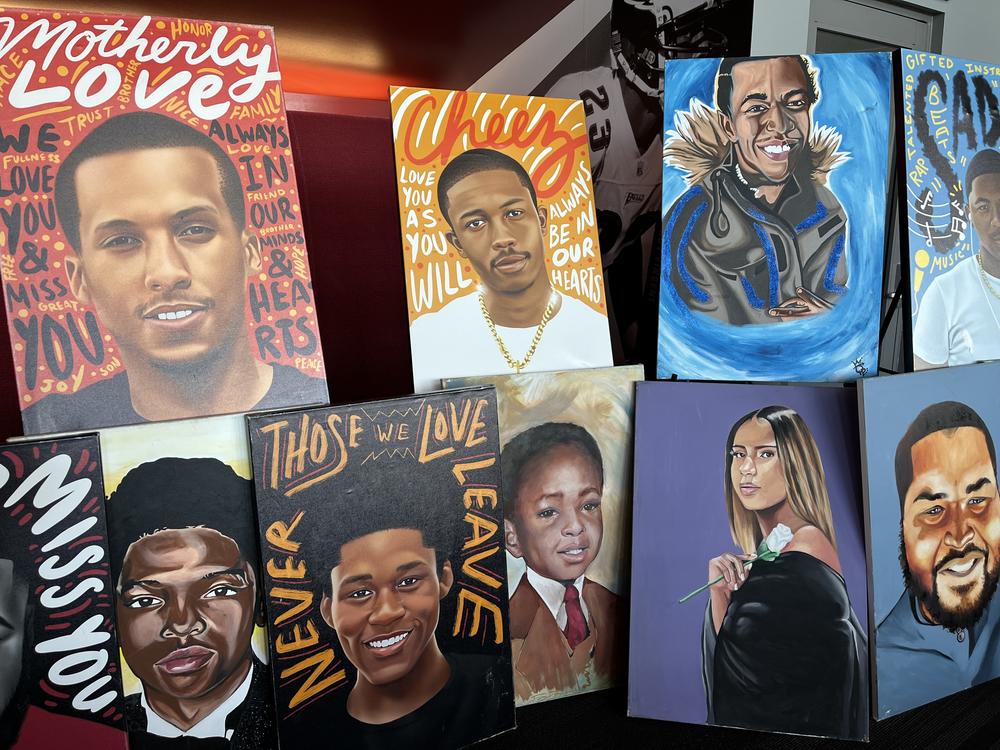 Painted portraits commissioned by Zarinah Lomax. Each person “is not a number. This is somebody’s child. Somebody’s son, somebody’s daughter who was working toward something,” Lomax says. “The portraits are not just portraits. They are telling us what the consequences are for what’s happening in our cities.”
