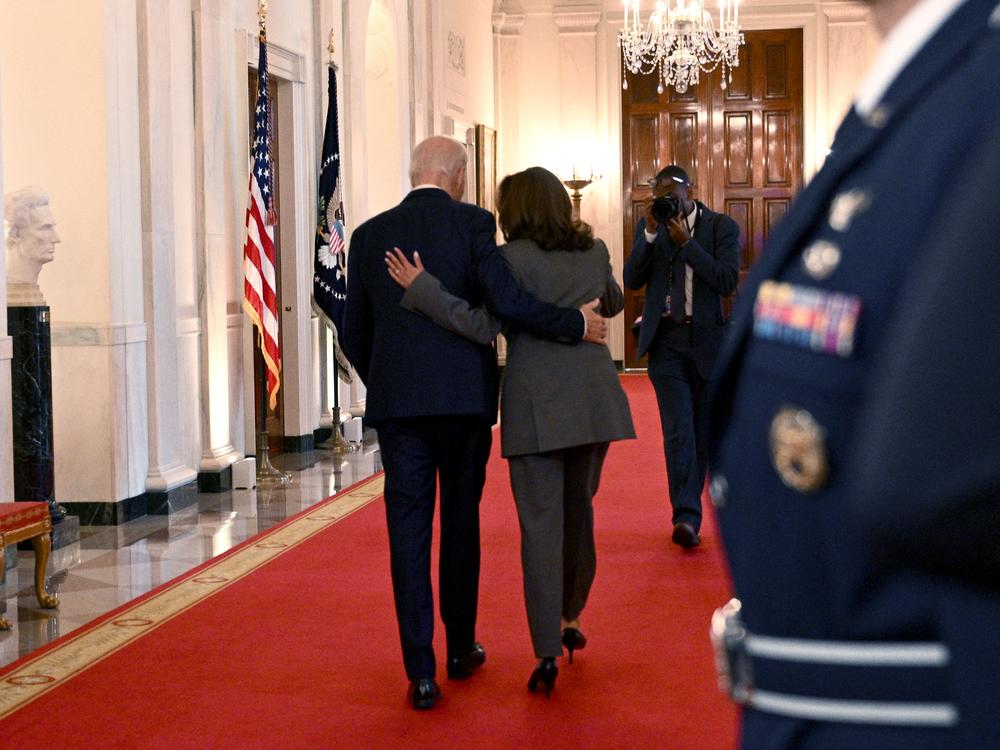 Vice President Harris and President Biden depart the East Room after delivering remarks on artificial intelligence at the White House on Oct. 30, 2023.