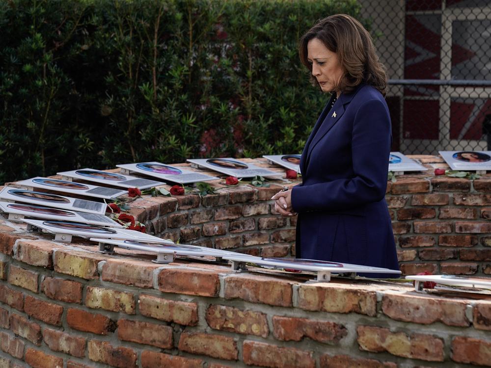 Vice President Harris observes a moment of silence for victims of the 2018 mass shooting at Marjory Stoneman Douglas High School in Parkland, Fla., on March 23, 2024.