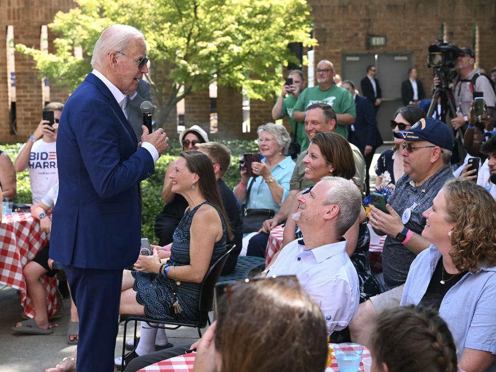 President Biden speaks to supporters and volunteers in the courtyard of a union hall in Harrisburg, Pa., on July 7 — one of a few stops he made in the states as he worked to demonstrate that he still has what it takes to campaign.