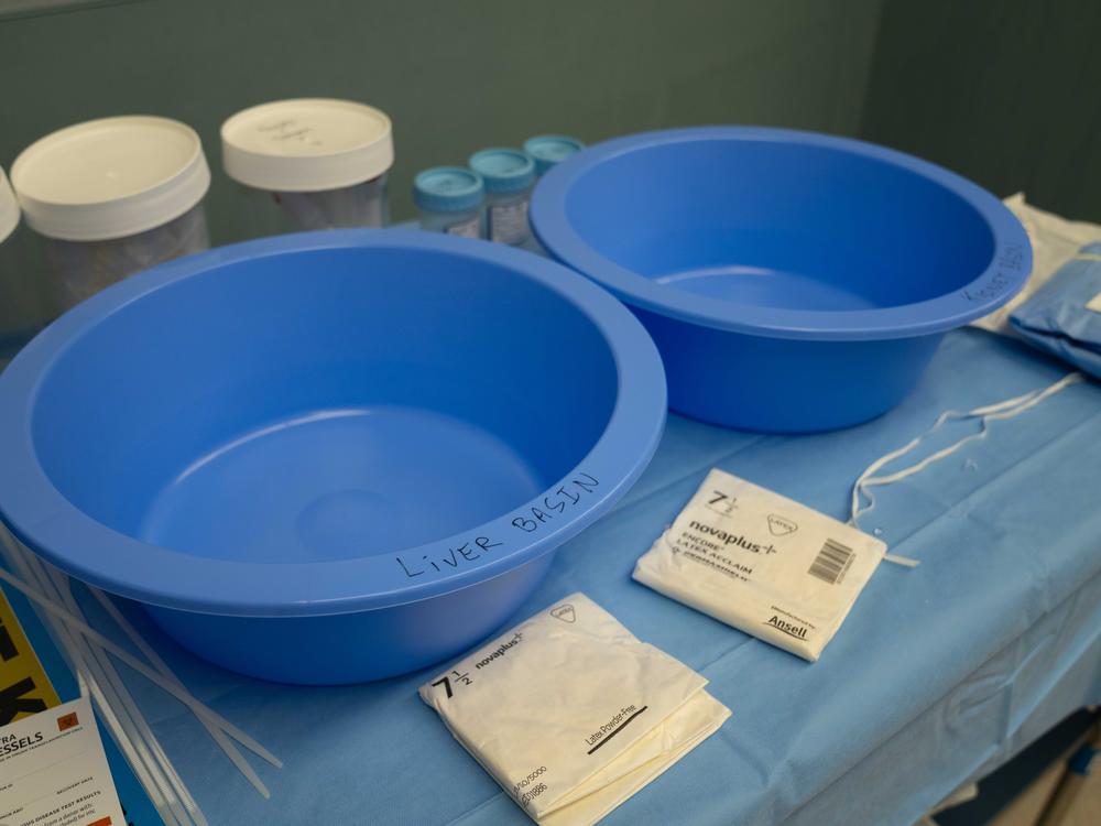 Two plastic bowls for donated organs sit empty after a recovery procedure had to be canceled at Erlanger Baroness Hospital in Chattanooga, Tenn.