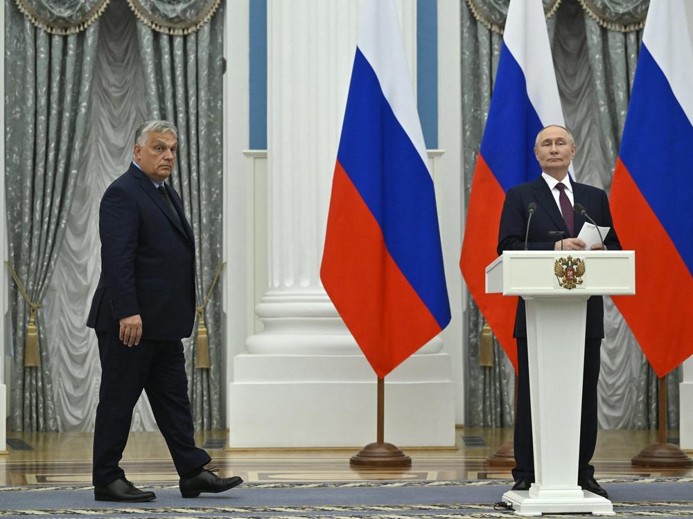 Russia's president, Vladimir Putin, and Hungarian Prime Minister Viktor Orban (left) deliver a joint press statement following their talks at the Kremlin in Moscow on July 5.