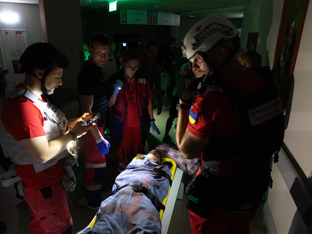 Children, hospital patients, hide in a bomb shelter at one of the largest children’s hospitals of Ukraine, Okhmatdyt, during a Russian missile attack on Monday.