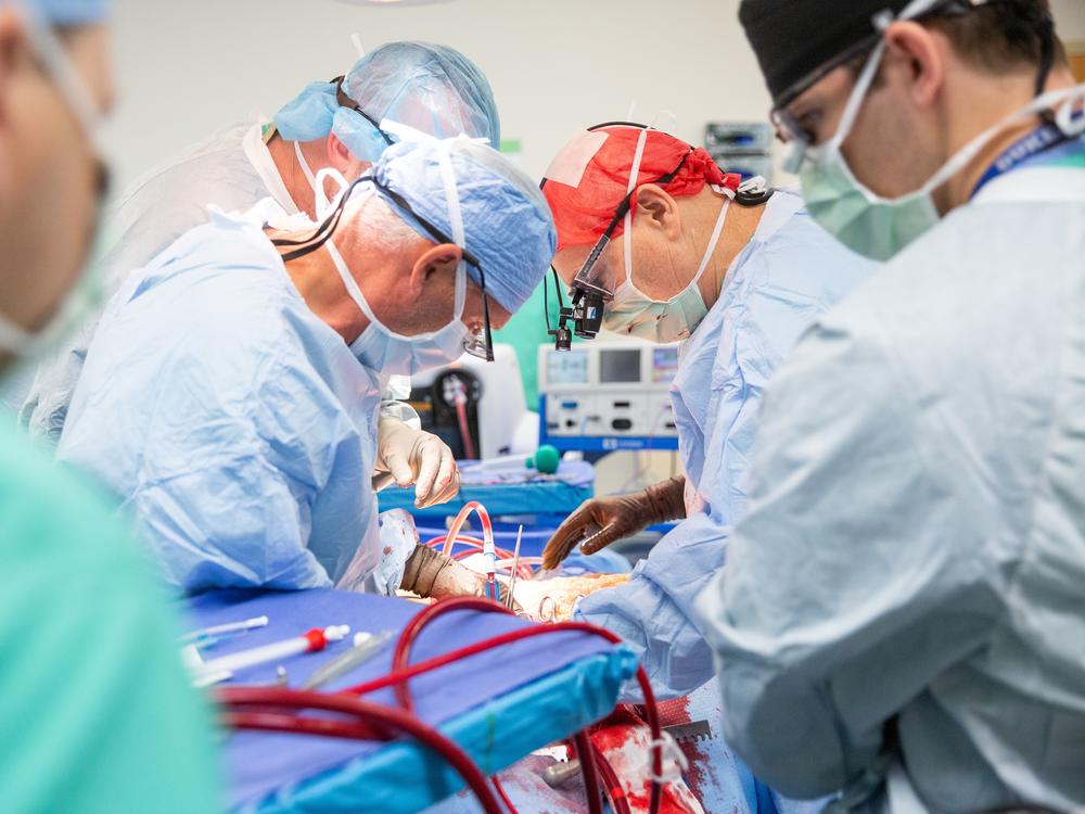 Dr. Marty Sellers, wearing a red scrub cap, and his team from Tennessee Donor Services perform a normothermic regional perfusion organ recovery at a hospital in eastern Tennessee.