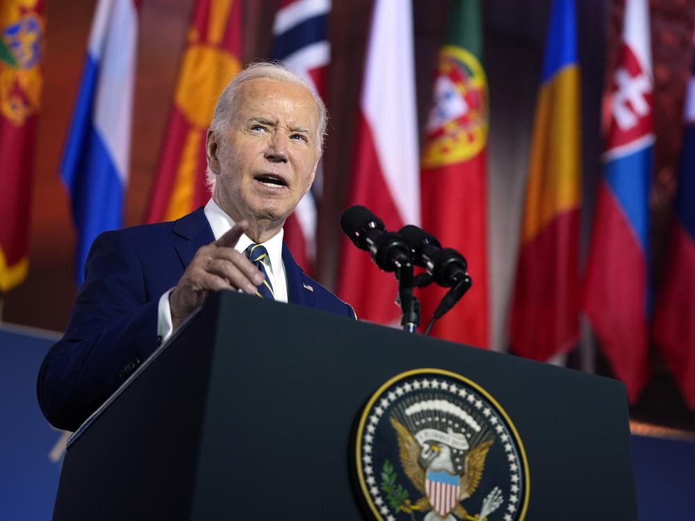 President Joe Biden delivers remarks on the 75th anniversary of NATO at the Andrew W. Mellon Auditorium, Tuesday, July 9, in Washington.