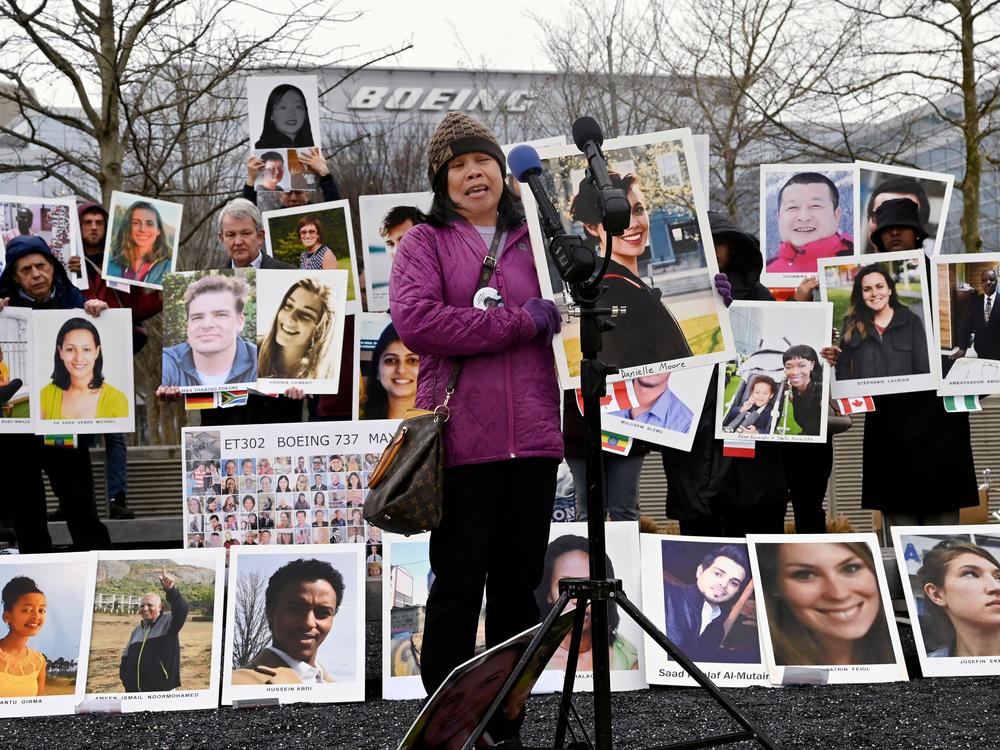 Clariss Moore, whose daughter Danielle Moore died in the Boeing 737 Max crash in Ethiopia in 2019, speaks during a memorial protest in front of Boeing offices in Arlington, Va., on March 10, 2023 to mark the four-year anniversary of the event.
