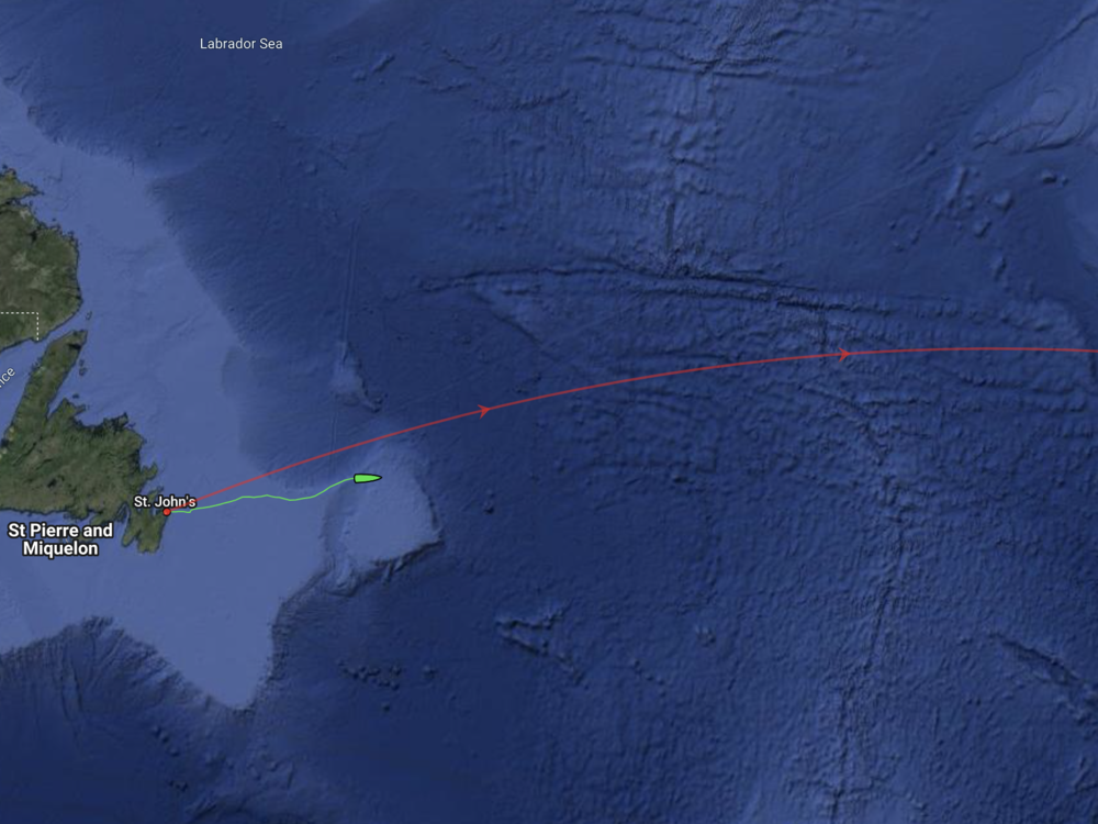  A map shows Tom Waddington's progress as he rows his boat across the Atlantic Ocean. 