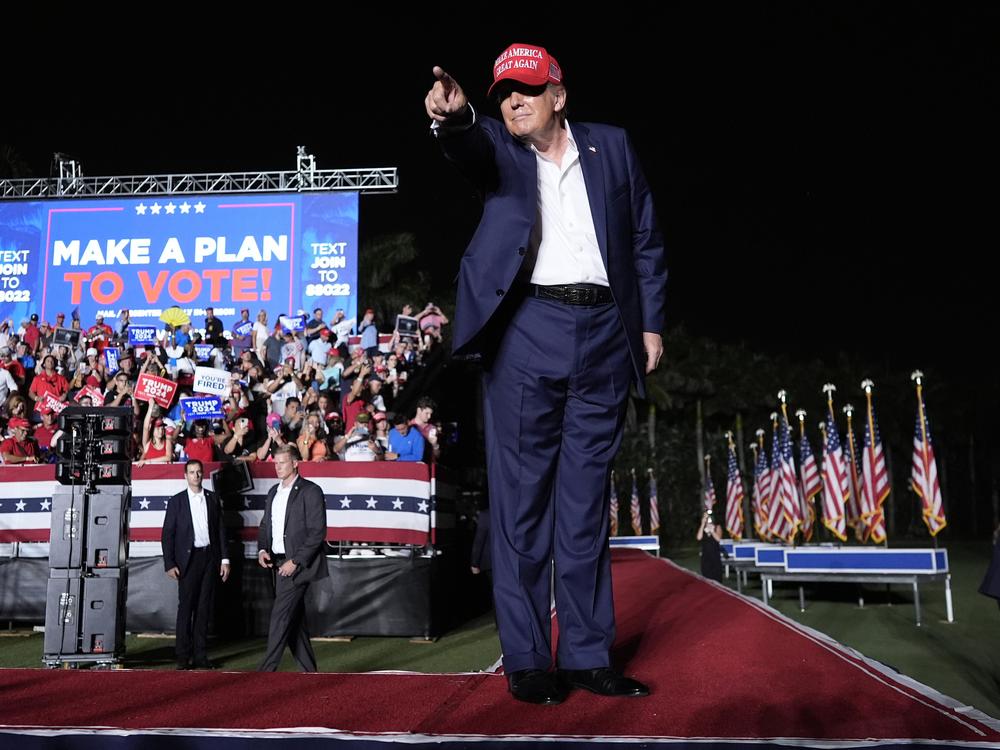 Republican presidential candidate former President Donald Trump gestures after speaking at a campaign rally at Trump National Doral Miami on Tuesday.