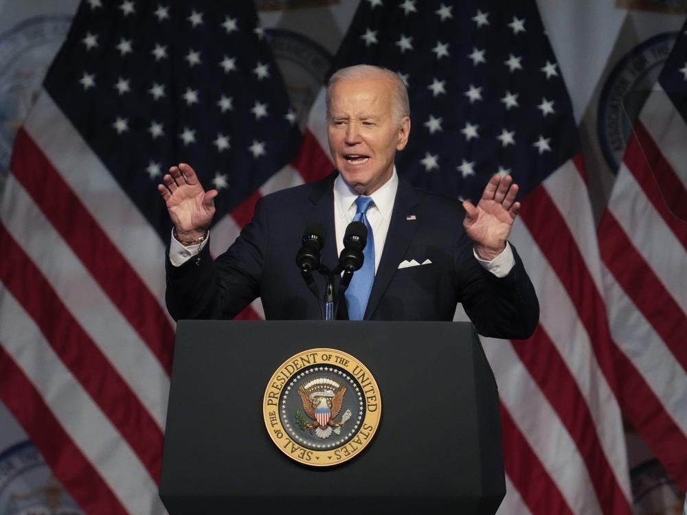 President Joe Biden appears at the NAACP Detroit branch Fight for Freedom Fund dinner in Detroit on Sunday, May 19.