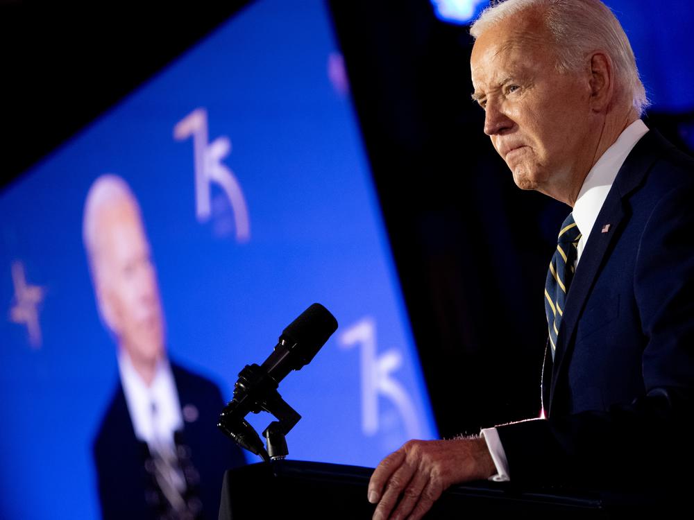 President Joe Biden pauses while speaking during a NATO 75th anniversary celebratory event at the Andrew Mellon Auditorium on July 9 in Washington, D.C. NATO leaders convene in Washington this week for its annual summit to discuss their future strategies and commitments, and marking the 75th anniversary of the alliance's founding. 
