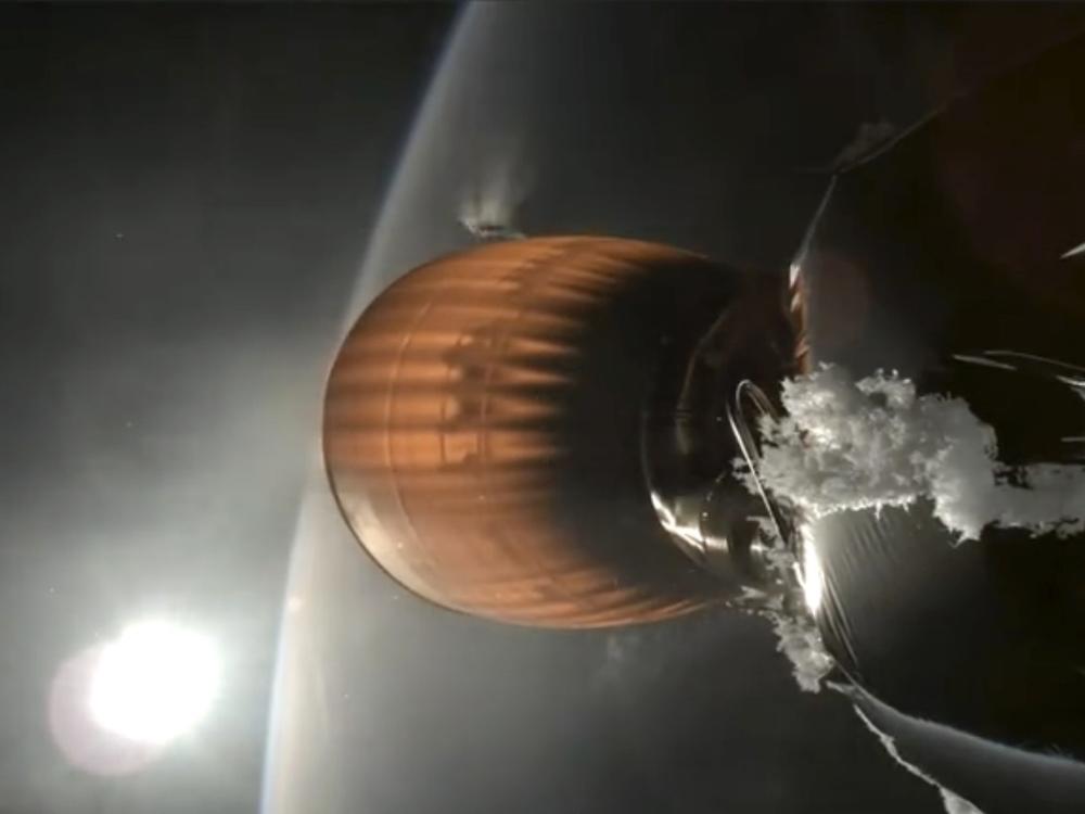 This image from video provided by SpaceX shows the upper stage engine of a SpaceX Falcon 9 rocket, which blasted off from California on Thursday.