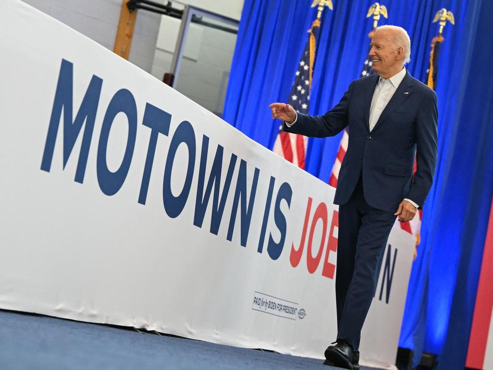 President Biden arrives to speak during a campaign event in Detroit on July 12.