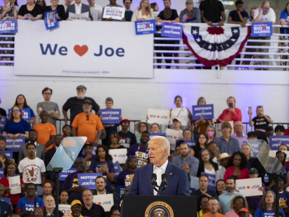 President Biden speaks to supporters at Renaissance High School on Friday in Detroit.