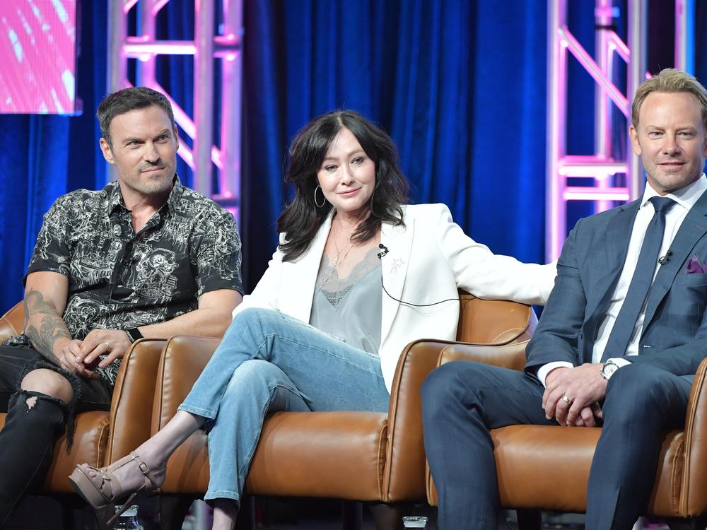 Brian Austin Green, Shannen Doherty and Ian Ziering of BH 90210 speak during the Fox segment of the 2019 Summer TCA Press Tour at The Beverly Hilton Hotel on August 7, 2019 in Beverly Hills, California. 