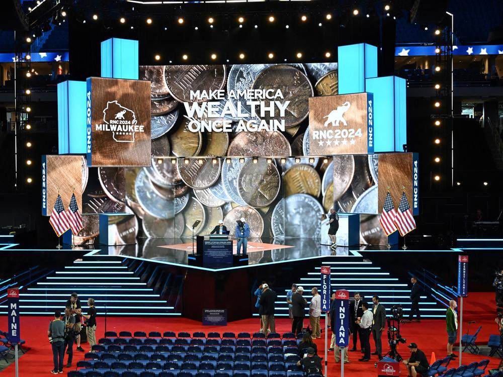 A view of the convention floor and stage ahead of the 2024 Republican Convention (RNC) at the Fiserv Forum in Milwaukee, Wisconsin on Sunday with the theme for the first night: 