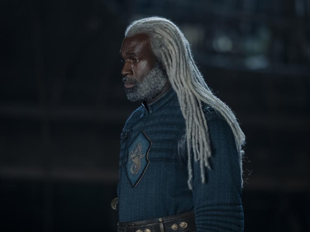 Corlys (Steve Toussaint) grieves, in his greaves, grievously.                          