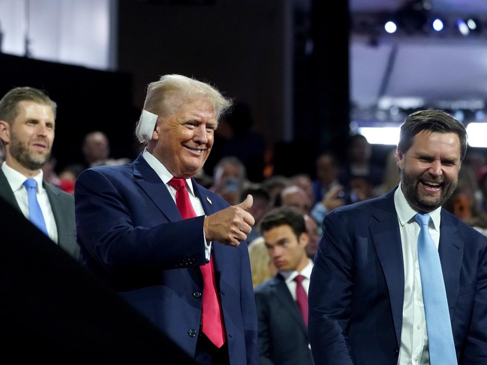 Former President Donald Trump, left, and Sen. J.D. Vance, a Republican from Ohio and Republican vice-presidential nominee, during the Republican National Convention at the Fiserv Forum in Milwaukee on Monday. Trump tapped Vance as his running mate, elevating to the Republican presidential ticket a venture capitalist-turned-senator whose embrace of populist politics garnered national attention and made him a rising star in the party. 