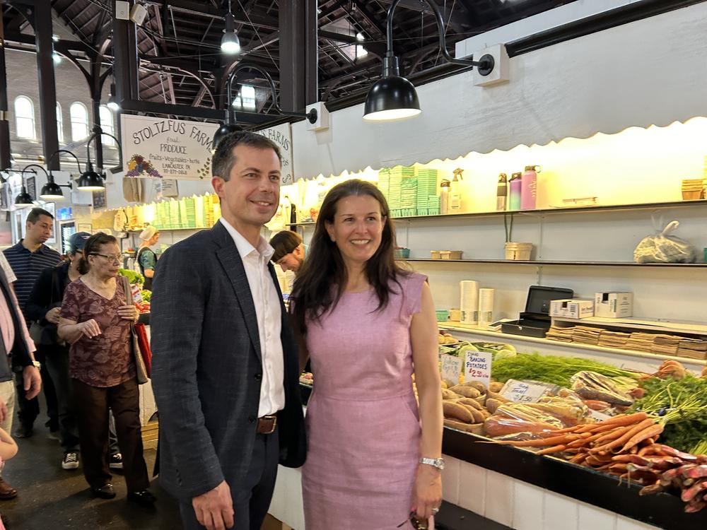  U.S. Transportation Secretary Pete Buttigieg and Lancaster, Pa. Mayor Danene Sorace at the Lancaster Central Market last month. 