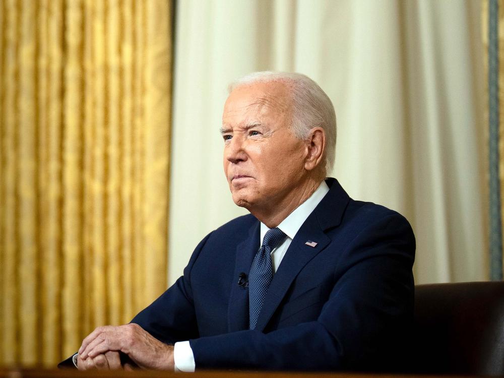  President Joe Biden addresses the nation from the Oval Office of the White House in Washington, Sunday, July 14, 2024, about the assassination attempt of Republican presidential candidate former President Donald Trump at a campaign rally in Pennsylvania. 
