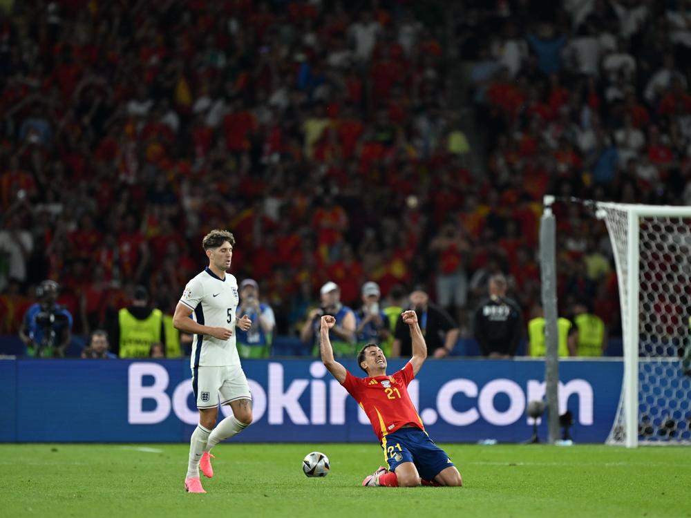 Mikel Oyarzabal of Spain celebrates as Spain wins the UEFA European Championship final match against England at Olympiastadion in Berlin on Sunday.