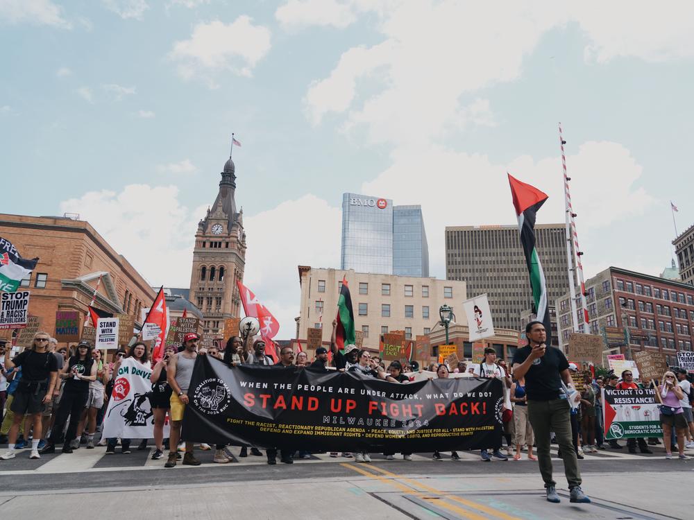 Protesters with March on the RNC gather for a demonstration during the first day of the 2024 Republican National Convention in Milwaukee on Monday.