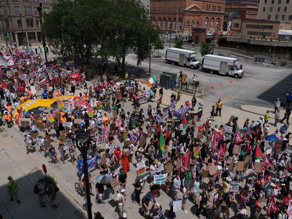Protesters with March on the RNC gather for a demonstration during the first day of the 2024 Republican National Convention in Milwaukee, Wisconsin, July 15, 2024.