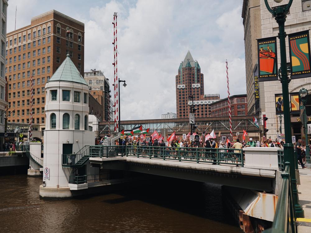 Protesters with March on the RNC gather for a demonstration during the first day of the 2024 Republican National Convention in Milwaukee, Wisconsin, July 15, 2024.