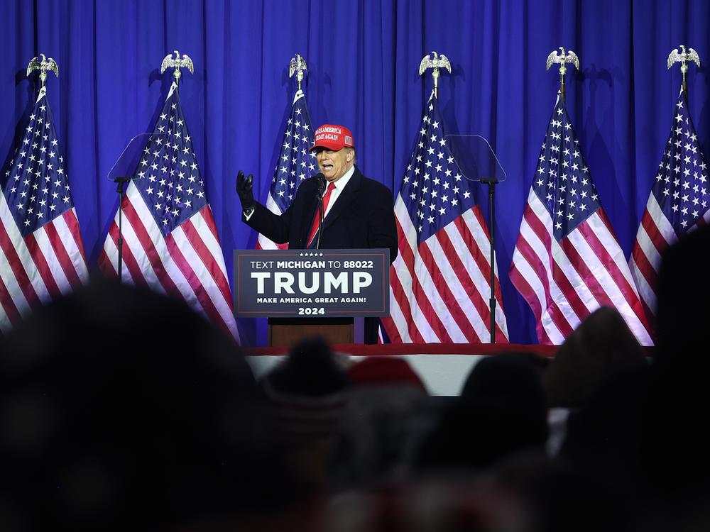 WATERFORD, MICHIGAN - FEBRUARY 17: Republican presidential candidate former President Donald Trump speaks to supporters during a rally on February 17, 2024 in Waterford, Michigan. The Michigan primary election is scheduled for February 27.   (Photo by Scott Olson/Getty Images)