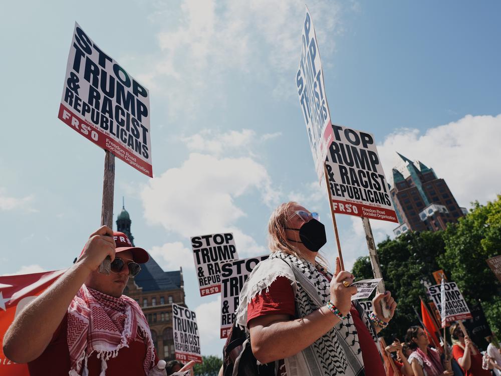 Protesters with March on the RNC gather for a demonstration during the first day of the 2024 Republican National Convention in Milwaukee on Monday.