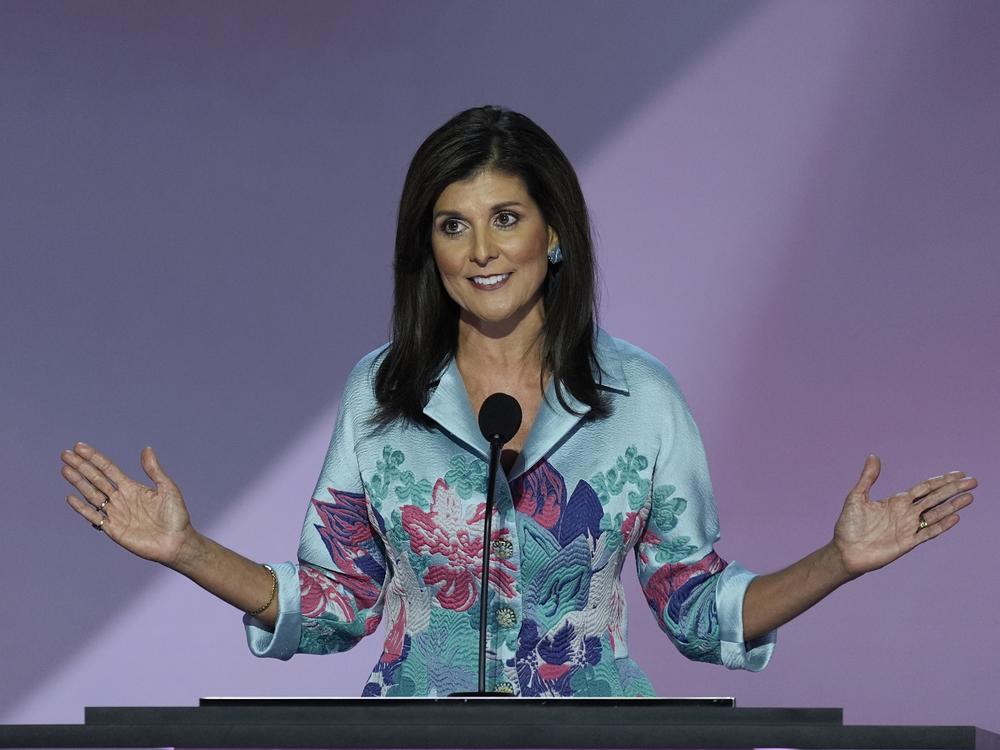  Former U.N. Ambassador Nikki Haley addresses the Republican National Convention on Tuesday in Milwaukee.
