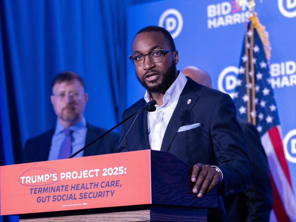 Quentin Fulks, deputy campaign manager for Biden's campaign, speaks during a press conference in Milwaukee during the Republican National Convention.
