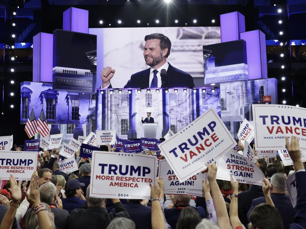 Republican vice presidential candidate, U.S. Sen. J.D. Vance (R-OH) speaks on stage  on the third day of the Republican National Convention at the Fiserv Forum on July 17, 2024 in Milwaukee, Wisconsin. 