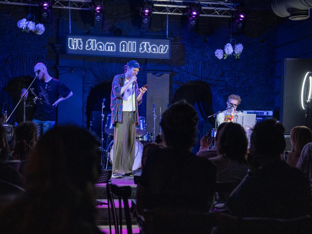 A contestant performs at the “Lit Slam All Stars” at the Taco Loco Mexican restaurant in Kharkiv, Ukraine, on June 1.