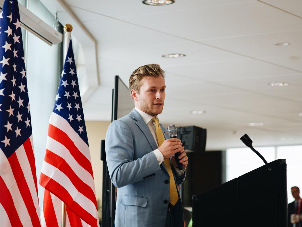 Chris Barnard speaks at the Conservative Climate Reception held at Mitchell Park Domes in Milwaukee, Wisconsin on the second day of the Republican National Convention.