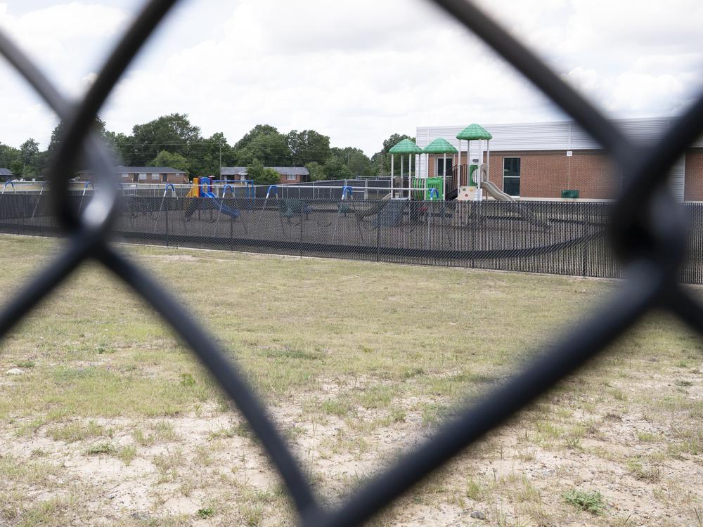 The playground at Sam’s school is another example of a space Tabitha says he cannot access with his wheelchair: There are no ramps, and the wood chips on the ground prevent wheelchair users from entering the playground.